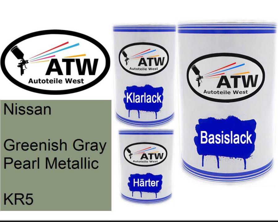 Nissan, Greenish Gray Pearl Metallic, KR5: 500ml Lackdose + 500ml Klarlack + 250ml Härter - Set, von ATW Autoteile West.